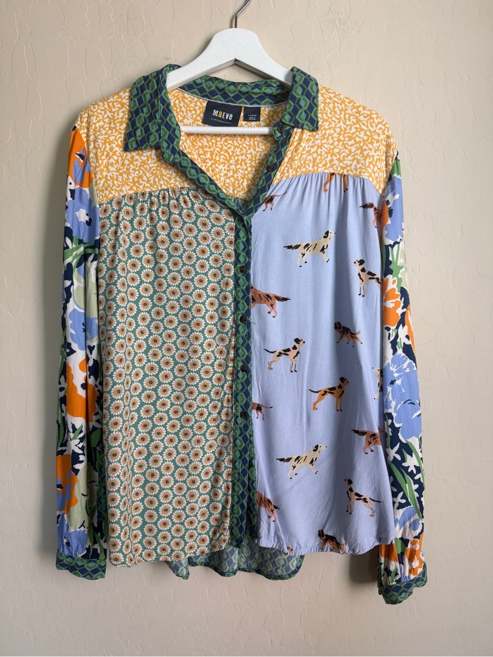 Maeve Anthropologie Paz Buttondown Dog Novelty Print Colorful Top Women Large